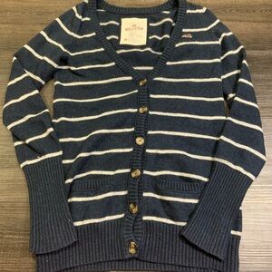 Hollister Navy & White Striped V-Neck Button Sweater